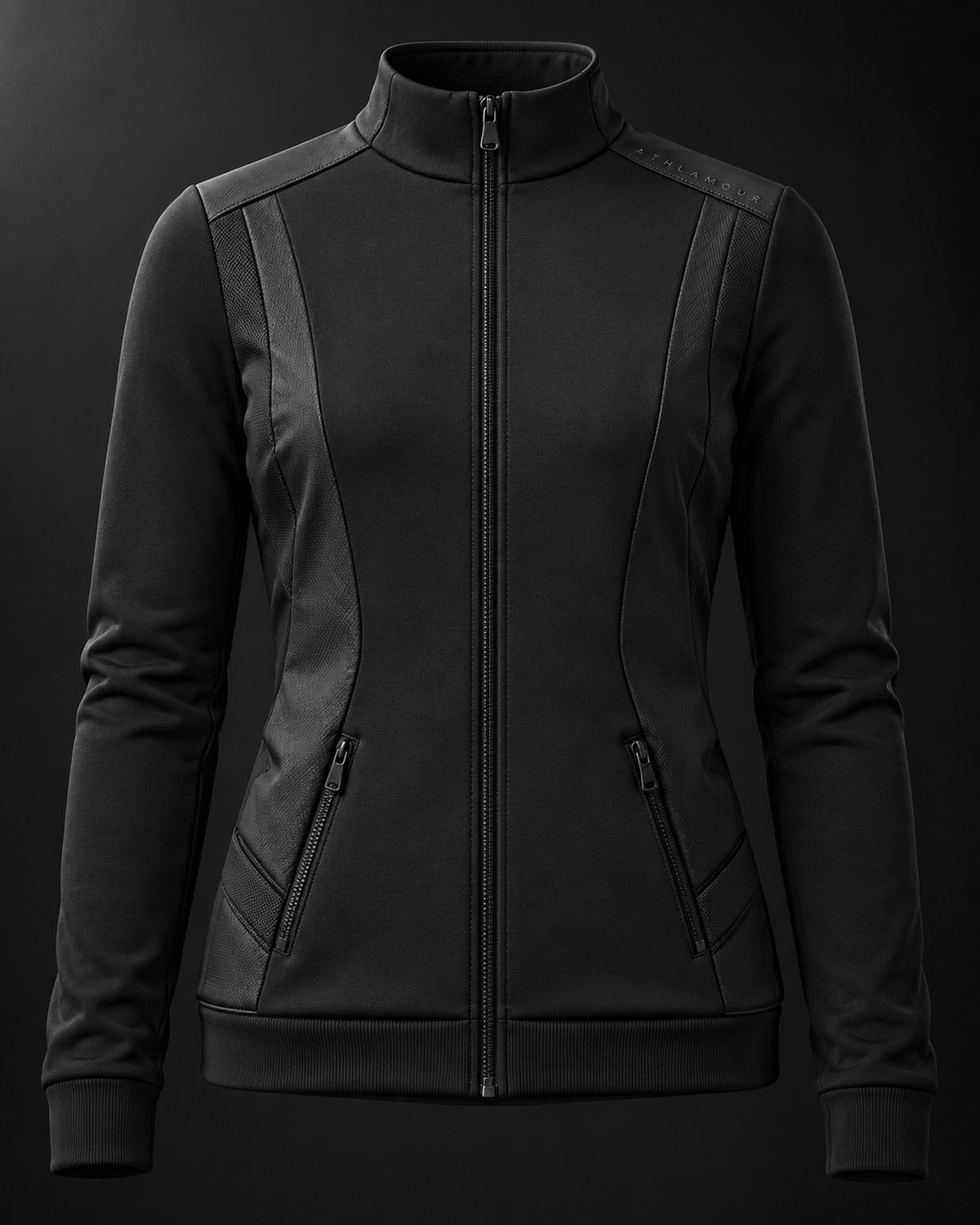 Julie, the zip-front jacket, front view in soft light