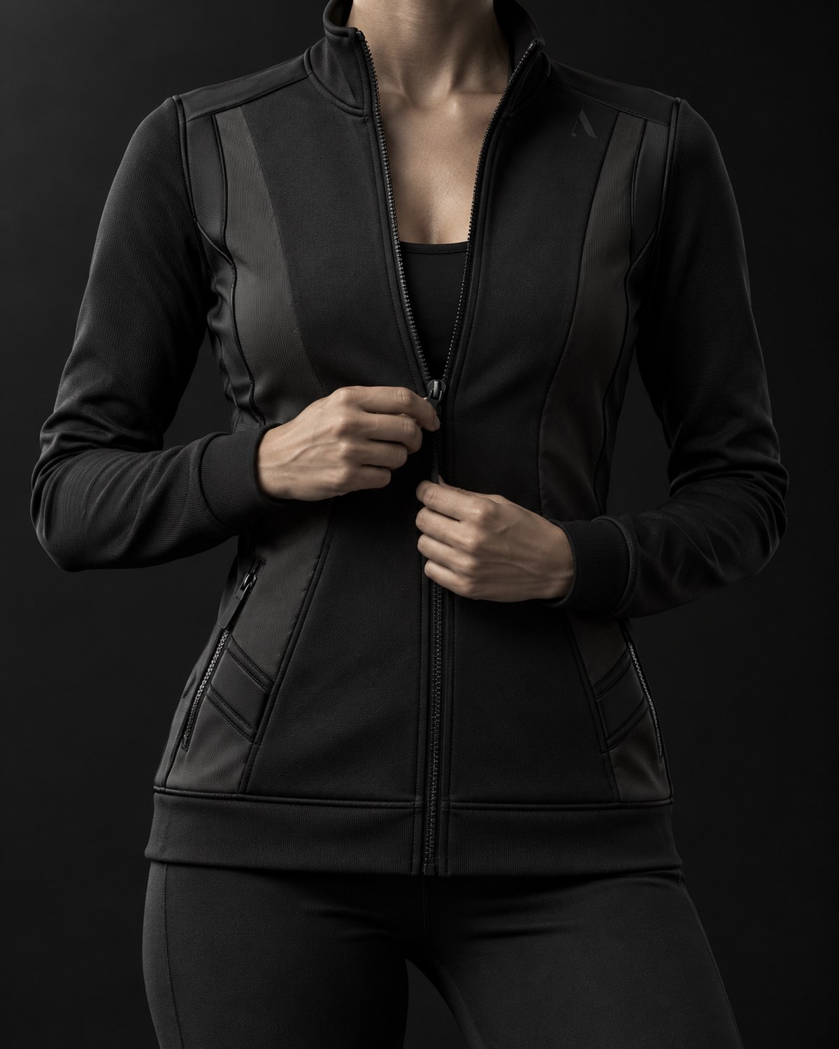 Julie on a model, zip front and hip pockets